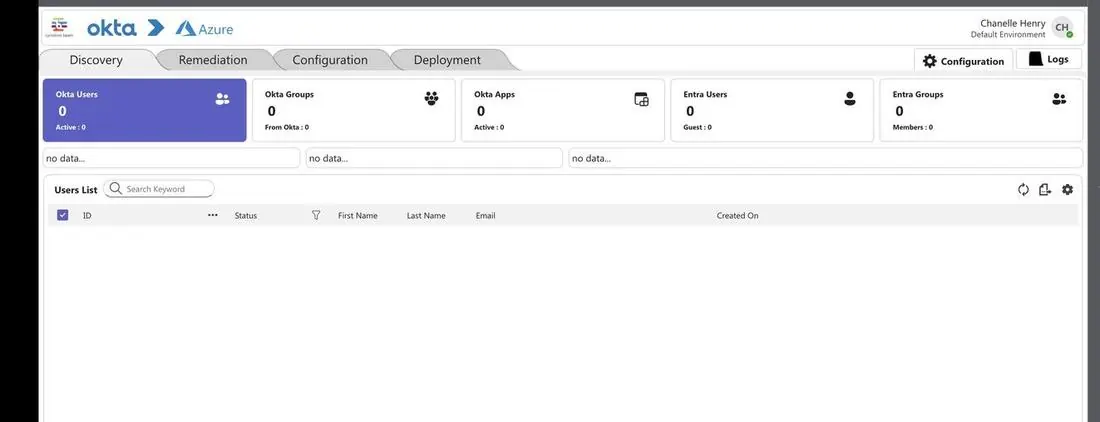 The original Beam interface, May 2024: Okta and Azure tabs for Discovery, Remediation, Configuration and Deployment, empty count cards and an empty users list