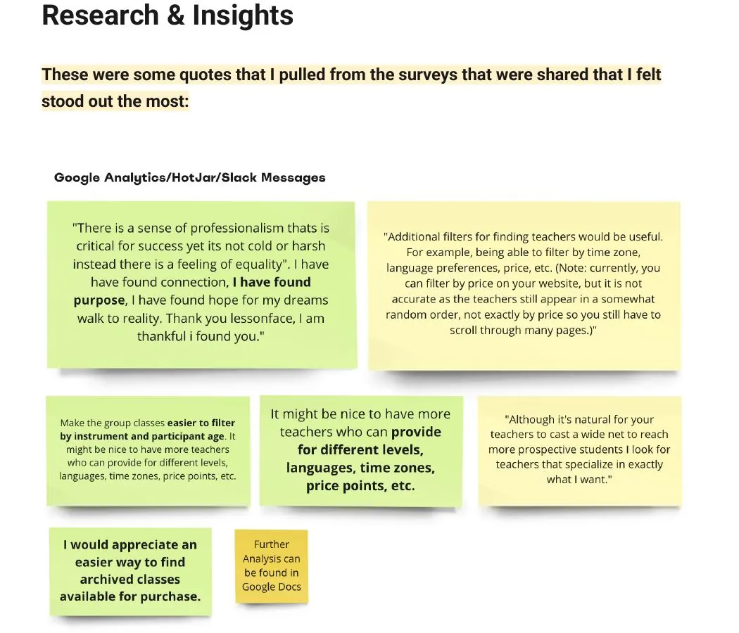 Survey quote synthesis: teacher comments about professionalism, filters, finding teachers for different levels, languages, time zones and price points, and archived classes