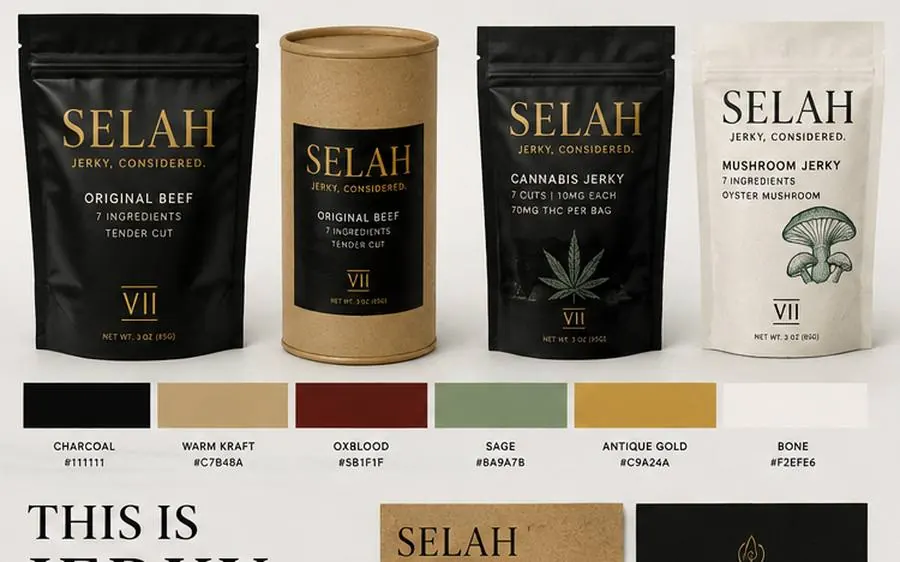 Selah Jerky, direction 1: ritual and heritage packaging in black, kraft and bone