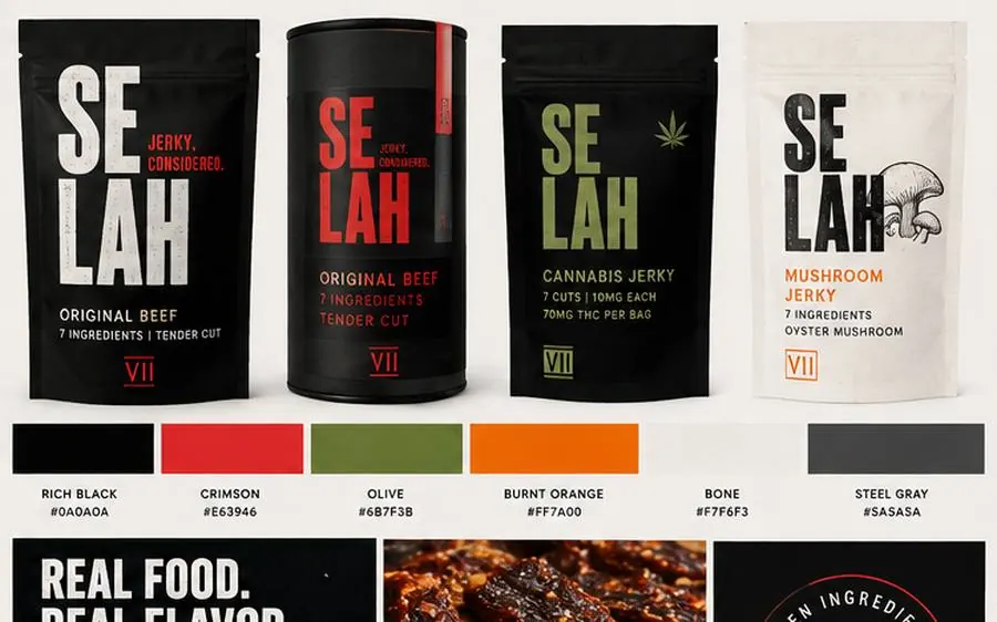 Selah Jerky, direction 2: bold contemporary packaging with stacked SE LAH type