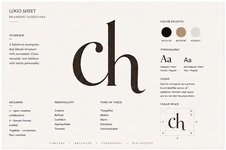 CH monogram brand guidelines showing meaning, personality, palette, and spacing